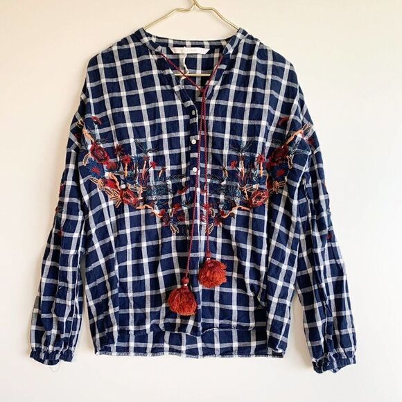 Zara Embroidered Top Tassel Plaid Top - Picture 1 of 5